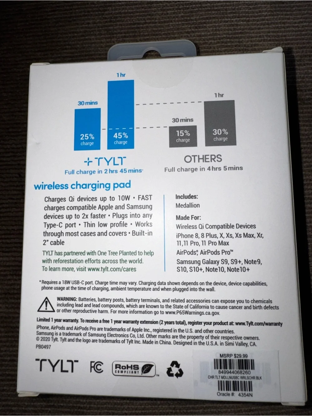 TYLT Medallion Qi Wireless Charging Pad USB-C Fast Charger Black NIB